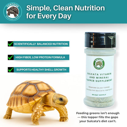 Sulcata Tortoise Calcium, Vitamin and Mineral Topper Supplement | Salad Topper for Baby Sulcata Tortoises | Promotes Health & Immunity | 30-Day Supply in Easy to Use Shaker