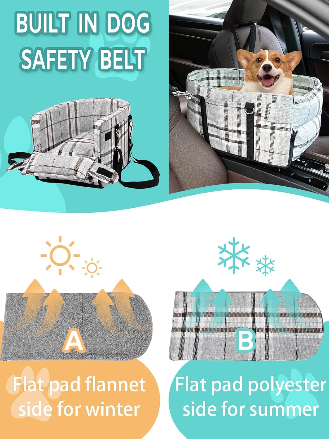 Small Dog Car Seat, Portable Dog Seat with Soft Washable Cushion,Center Console Dog Car Seat for Small Dogs Up to 13lbs(Grid Grey)