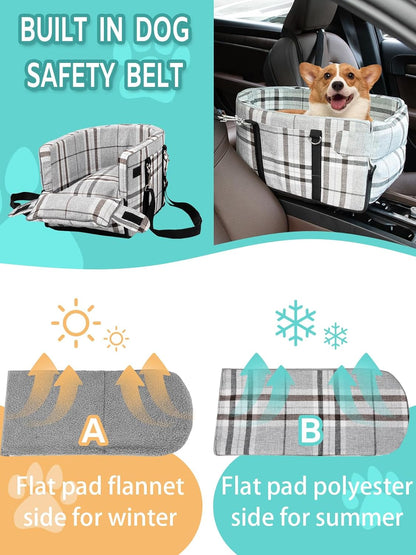 Small Dog Car Seat, Portable Dog Seat with Soft Washable Cushion,Center Console Dog Car Seat for Small Dogs Up to 13lbs(Grid Grey)