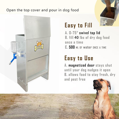 Outdoor Dog Feeder - Holds 40 lbs Food and 500 ml Water - Galvanized Steel Plate for Rain and Sun Protection - Latest Style Auto Large Dog Feeder - Big Dogs can Easily Eat