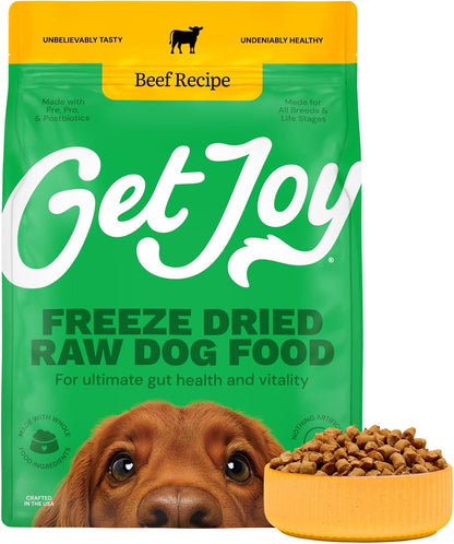 Get Joy Freeze Dried Raw Beef Meal, High Protein Grain Free, Dry Dog Food Meal Mixer and Topper, with Probiotics for Gut Health, Made with 100% USDA Organ Meat, for All Breeds and Ages, 32oz Bag
