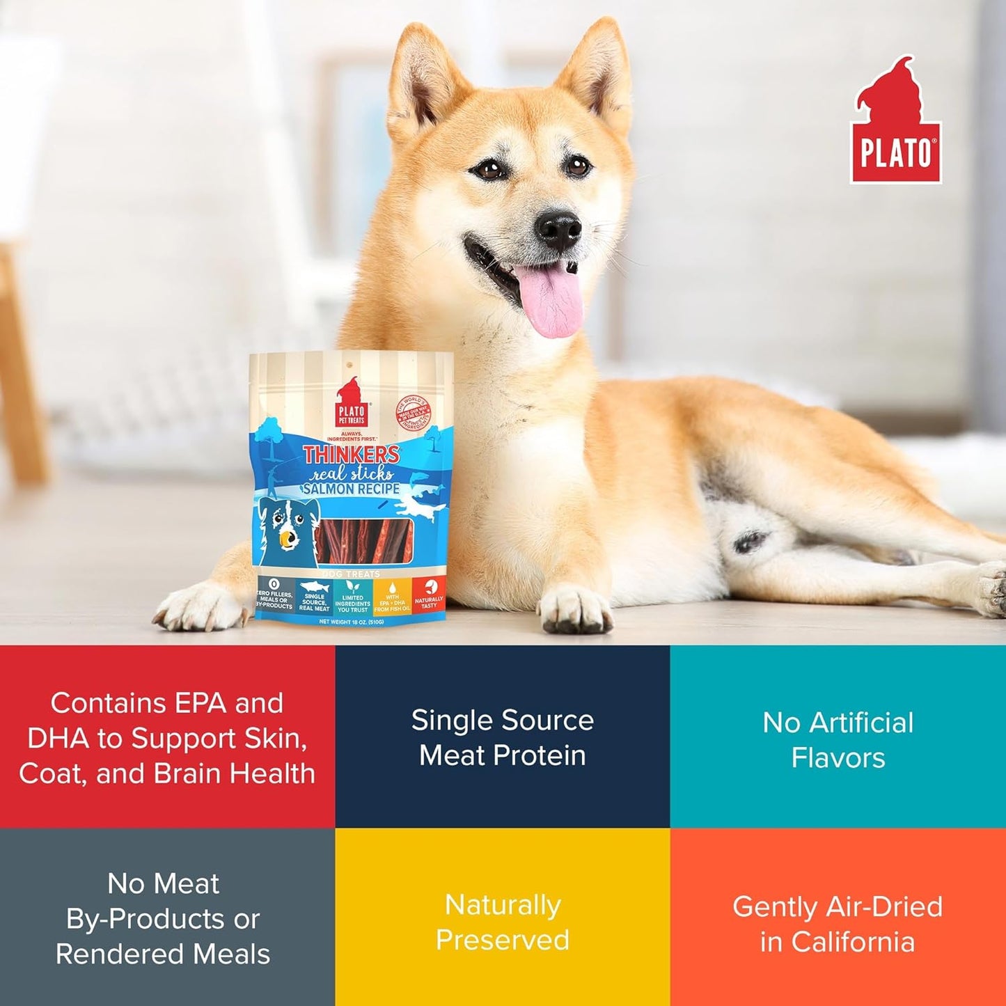 Plato Pet Treats Air Dried Dog Treats Salmon Thinkers Sticks, Natural Dog Treats, Real Meat, Air Dried, Made in the USA, 10oz