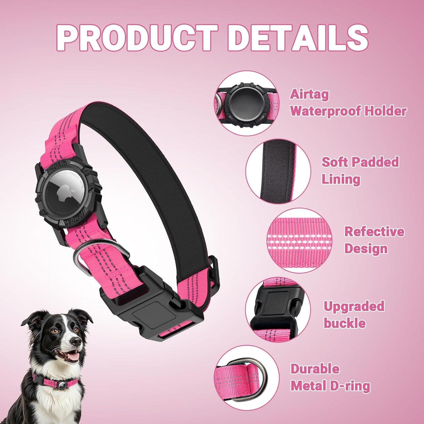 AirTag Dog Collar, IP68 Waterproof Integrated Air Tag Dog Collars with Reflective, Ultra-Durable, Comfortable Padded, Heavy Duty Dog Collars for Small Medium Large Dogs, S (10.6"-13.6"), Pink
