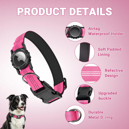 AirTag Dog Collar, IP68 Waterproof Integrated Air Tag Dog Collars with Reflective, Ultra-Durable, Comfortable Padded, Heavy Duty Dog Collars for Small Medium Large Dogs, S (10.6"-13.6"), Pink