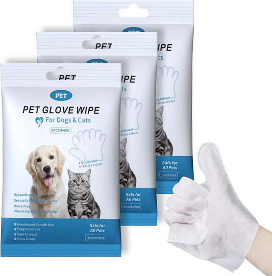 WGP Pet Glove Wipes for Dogs Cats, Cleaning & Deodorizing Grooming Gloves, Dog Wipes for Body Daily Care, Cat Grooming Wipes Cleaning Fur Traveling Rinse Free, Odorless and Unscented, 3pack/18pcs