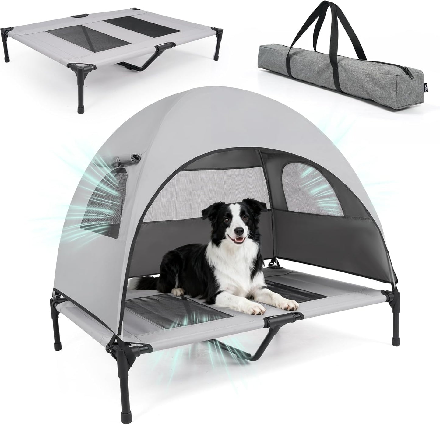 Medium Outdoor Dog Bed with UV Canopy, Elevated Pet Cot for Dogs up to 78 Lbs, Waterproof and Scratch-Resistant Raised Dog Tent with Breathable Mesh for Backyard, Patio, Camping or Indoor Use