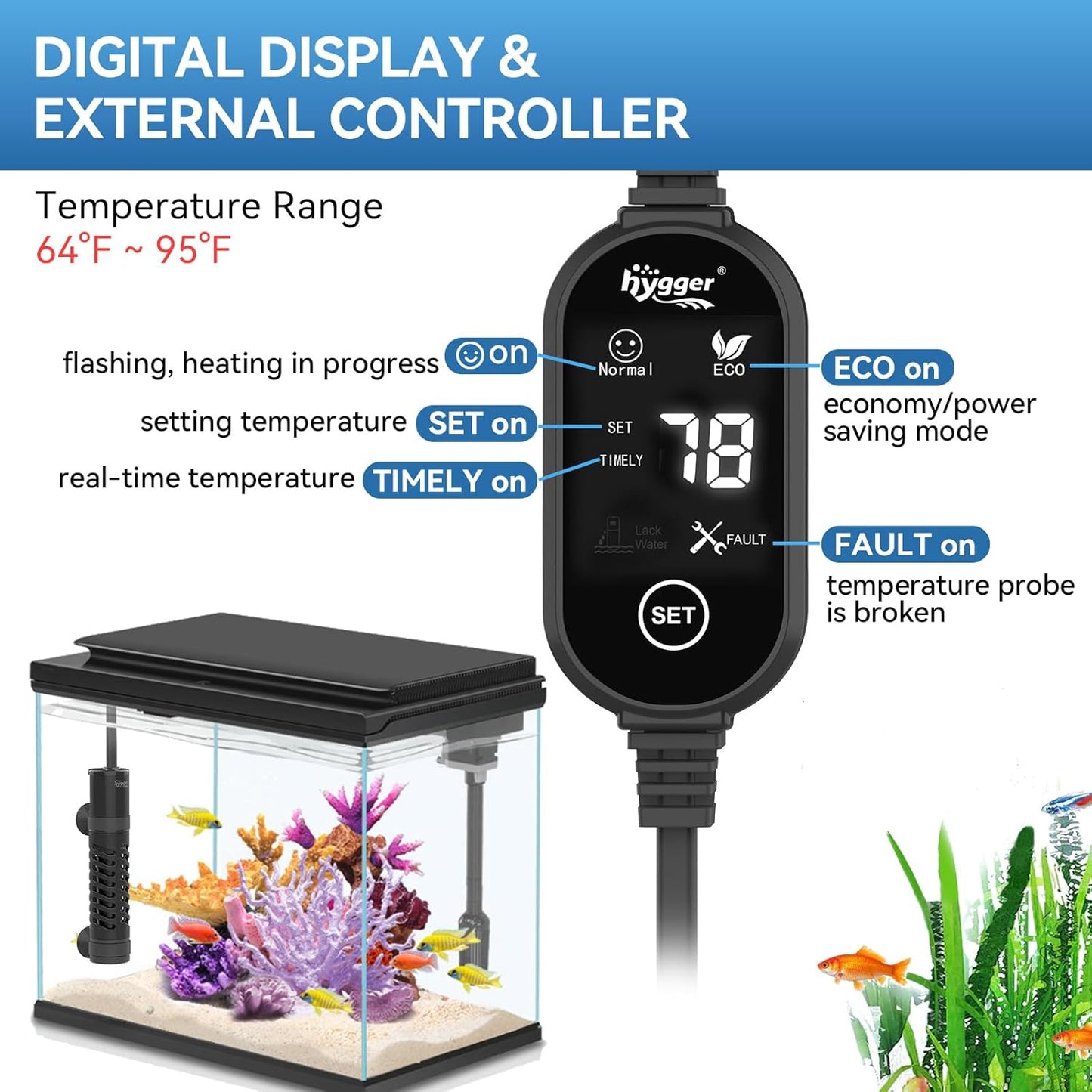 hygger Ceramic Submersible Aquarium Heater, New Explosion-Proof Fish Tank Water Heater with External Temp Controller Auto Thermostat Heater for Saltwater Freshwater (15W for 1~5 Gallon)