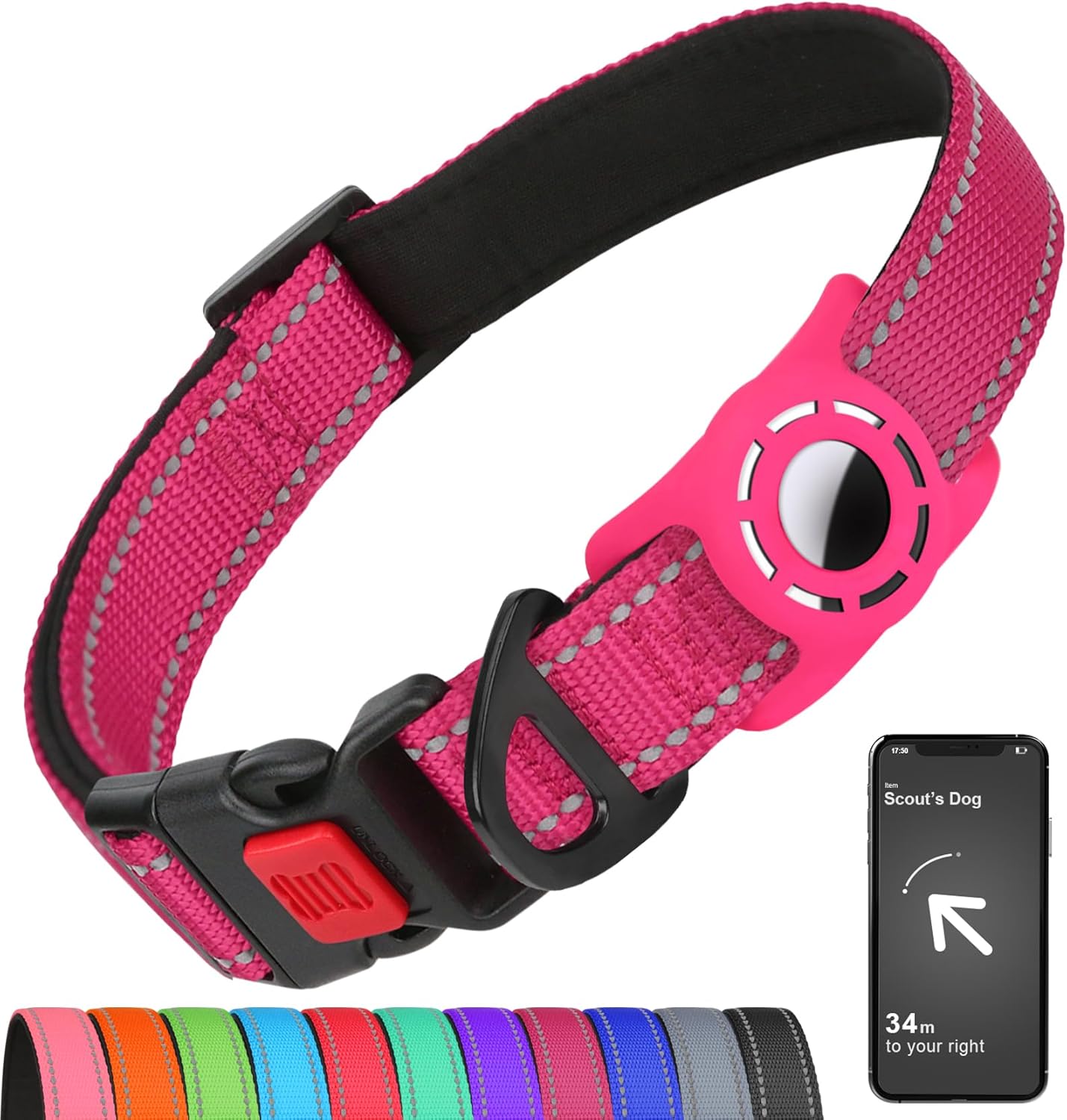 Airtag Dog Collar with AirTag Holder for Medium Dogs, Reflective, Soft Padded & Safety Locking Buckle, Nylon Pet Collars Adjustable for All Breeds, Hotpink,M