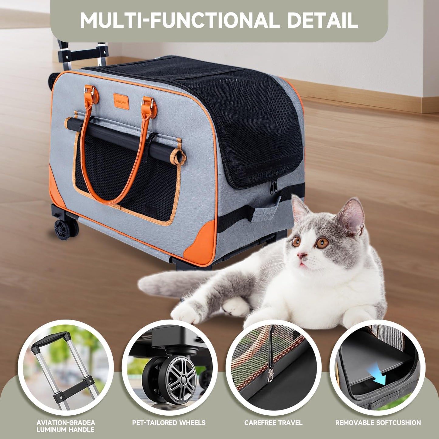 Large Cat Carrier with Wheels Pet Dog Rolling Carriers for Extra Large Cat Carrier Small Bag Small Dogs Up to 38 Lbs 24"X 13.8"X 15.4" Double Trolley Case Travel Walking and Camping(NOT for TSA)