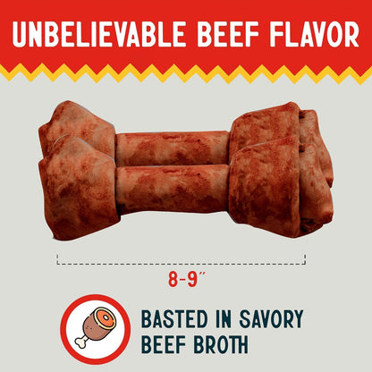 Canine Chews 8-9 Inch Beef Basted Knotted Rawhide Bones for Large Dogs - Durable Rawhide Bones for Medium and Large Dogs - Long Lasting Dog Rawhide Bones with for Aggressive Chewers - 10 Pack