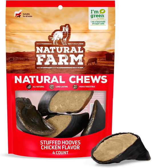 Natural Farm Chicken Filled Cow Hooves for Dogs (4-Pack), Long-Lasting Natural Hoof Beef Bone Treats, Best for Small, Medium & Large Dogs