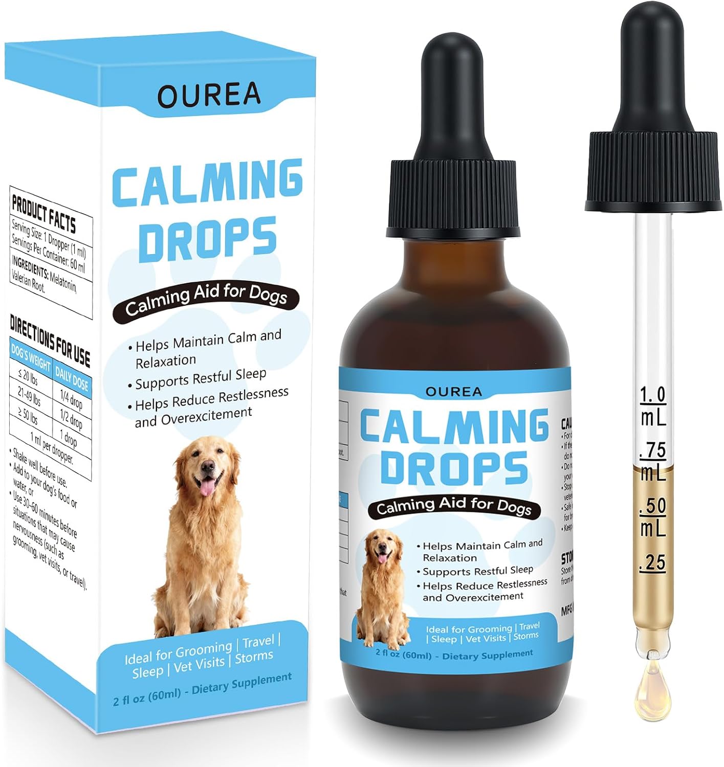 Calming Drops for Dogs with Melatonin – Helps Support Relaxation During Nail Trimming, Grooming, Travel, Vet Visits, Thunder & Fireworks – Natural Soothing Liquid Supplement