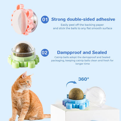 Catnip Balls Wall Interactive Toys Ball 360° Balls for Cats Cat Nip Catnip Toy Anxiety Relief Indoor Edible Cat Nips Organic Ball Rotatable Play Chew Teeth Cleaning 4 Pack