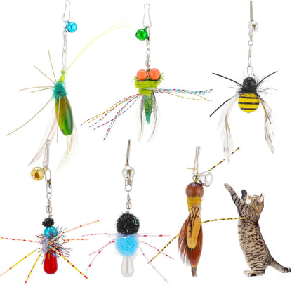 Cat Insect Feather Toys Replacement Cat Toy Wand Refills, 6 Pieces Natural Insect Cat Toy Feathers Refill, Interactive Cat Teaser Wand Attachments, with Bell(Style 8)