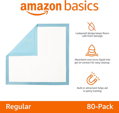 Amazon Basics Heavy Duty Dog and Puppy Pee Pads, 5-Layer Leak-Proof Ultra Absorbent, Quick-Dry Surface, Potty Training, Regular (24x23"), 50 Count, Blue & White