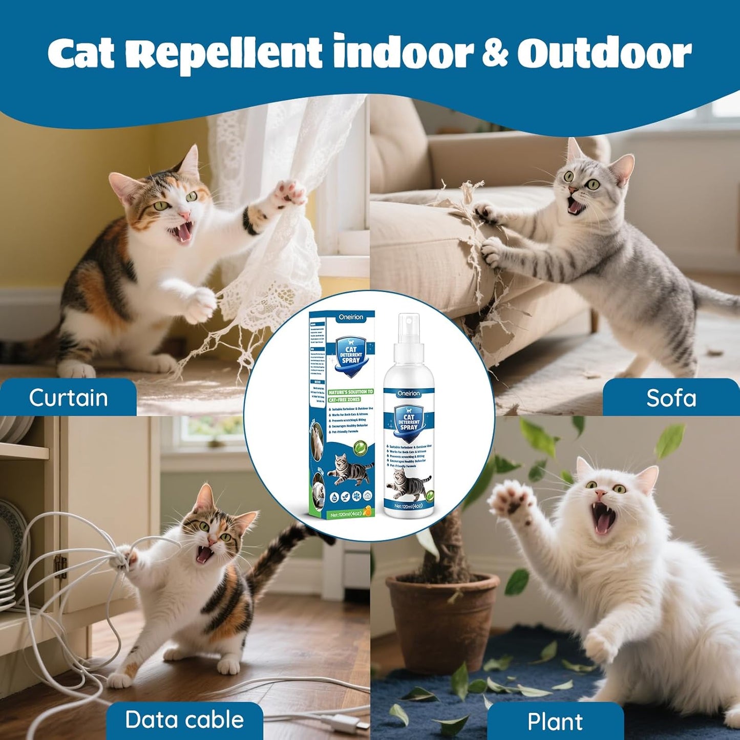 Cat Deterrent Spray - Indoor & Outdoor Cat Repellent, Stops Cats from Scratching Furniture, Carpets, Sofas, Curtains and Urine Marking - Effective Anti-Scratch Training Aid