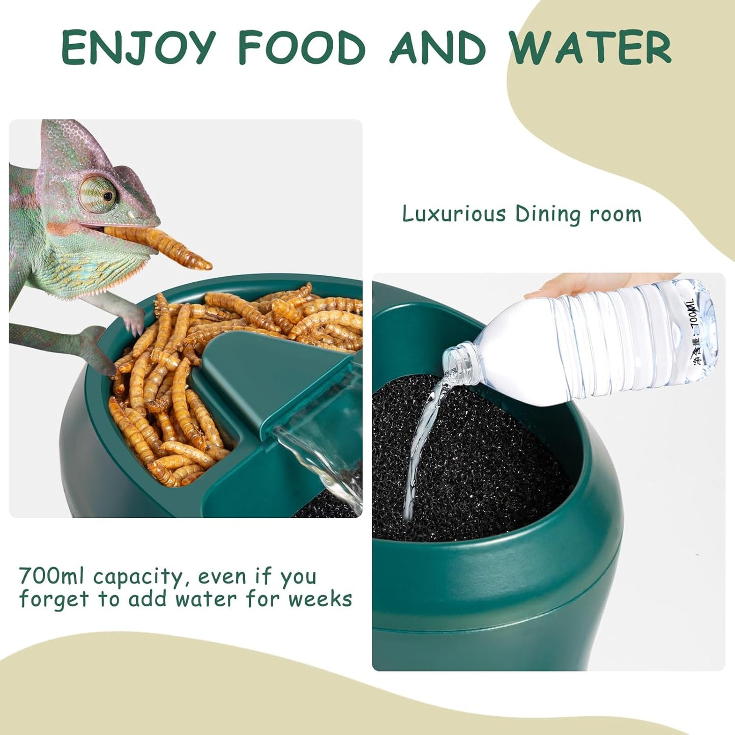 Reptile Water Drinking Fountain, Automatic Circulation, Low Noise, Energy Saving, Feeding Trough Included, Waterfall Design, Adjustable