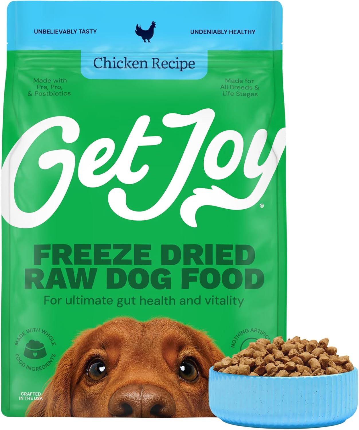 Get Joy Freeze Dried Raw Chicken Dog Food, High Protein Grain Free Meal, Topper & Treat, Gut Health Support with Probiotics, Small to Large Breed, 32oz Bag