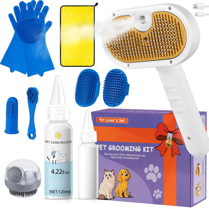 Pet Steam Brush for Dog & Cat shower bath brush Grooming Comb with Spray, Defur Tool, Water-Free Shampoo, Bath Gloves,Bath Brush, Tooth & Ear Brush, Towel (11PCS)