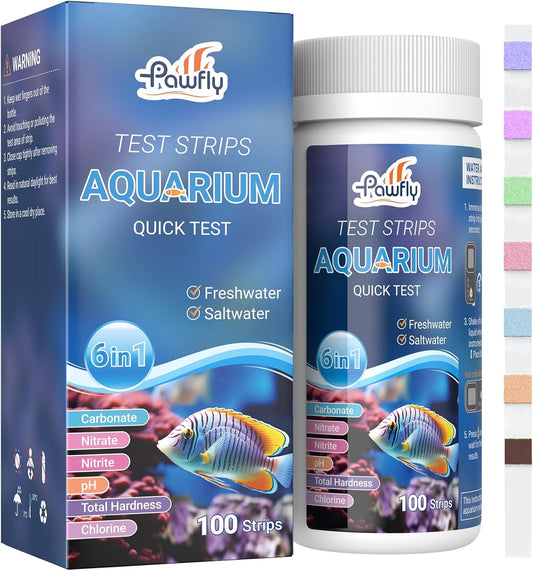 Pawfly 100 Pcs Aquarium Test Strips 6 in 1 Digital Water Testing Kit, Fish Tank Testing Strips for pH Nitrate Nitrite Chlorine Total Hardness & Carbonate, Fresh/Salt Aquarium Water Test Kit