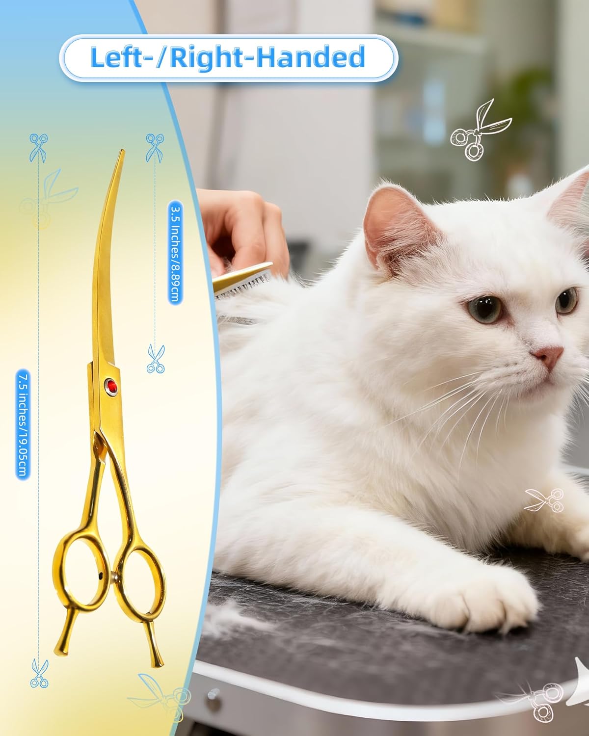 Curved Scissors for Dog Grooming, Dog Grooming Scissors Curved with Noise Reduction Pad, Light Weight,7.5" Pet Cutting Shears Safety Trimming Shearing for Dogs Cats (Curved, Golden)