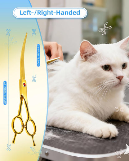 Curved Scissors for Dog Grooming, Dog Grooming Scissors Curved with Noise Reduction Pad, Light Weight,7.5" Pet Cutting Shears Safety Trimming Shearing for Dogs Cats (Curved, Golden)