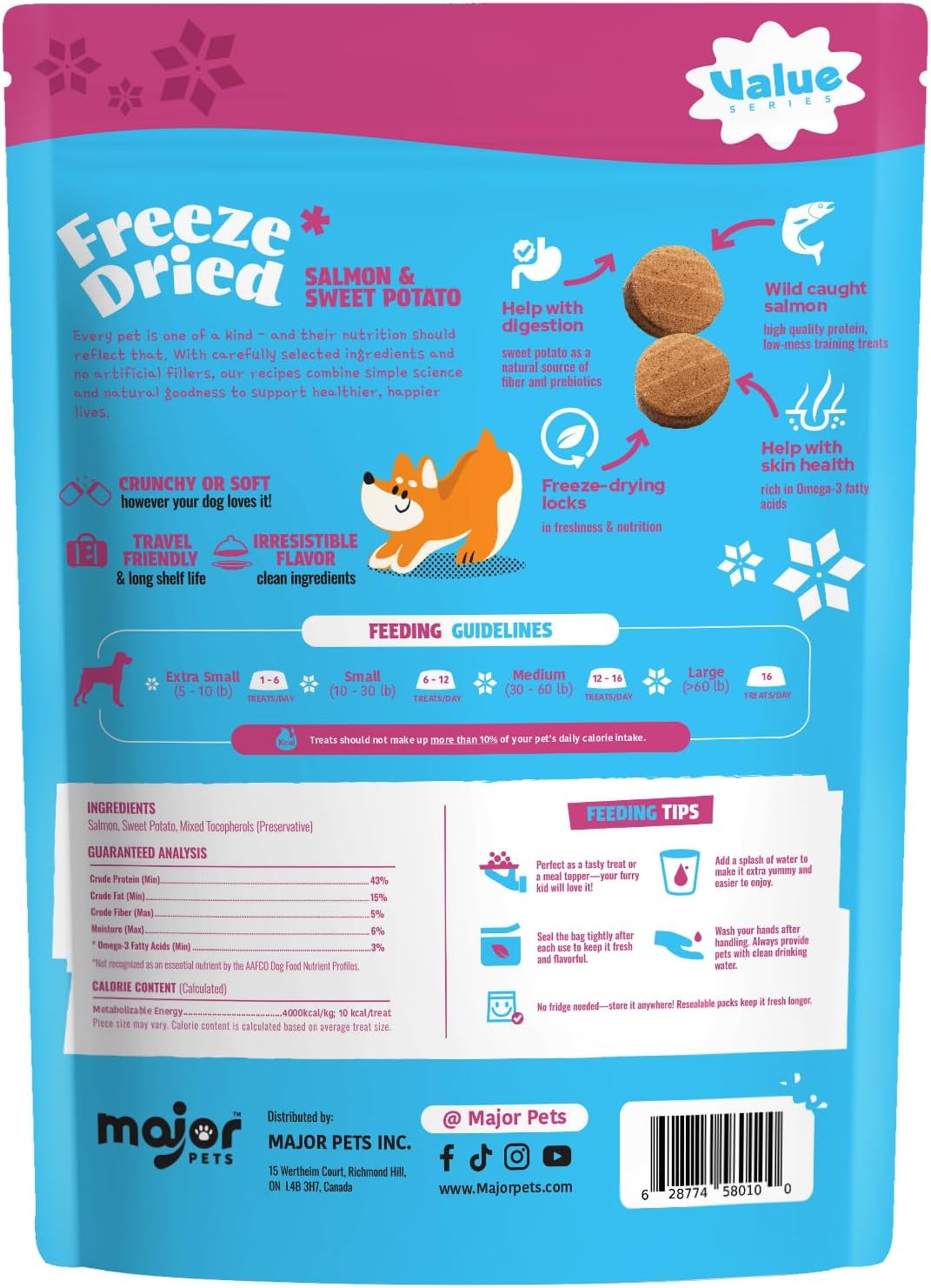 MAJOR PETS Freeze Dried Dog Treats, Wild-Caught Salmon & Sweet Potato, 100% Natural, Single High Protein, Rich in Omega-3, Grain Free, Healthy Training Bites & Meal Topper, Made in The USA, 2.5oz