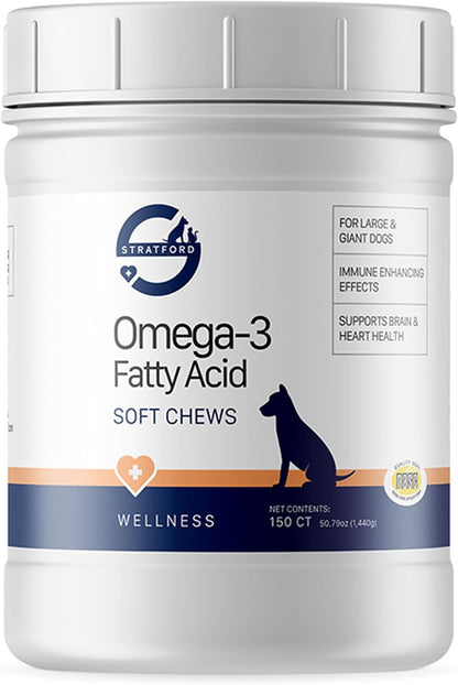 Stratford Pharmaceuticals EZ Chew Omega 3 Fatty Acid Soft Chew Max Strength - Dog Omega 3 Supplement - Soft Chew Treats with Fish Oil for Dogs - Large and Giant Dogs - 150 Soft Chews