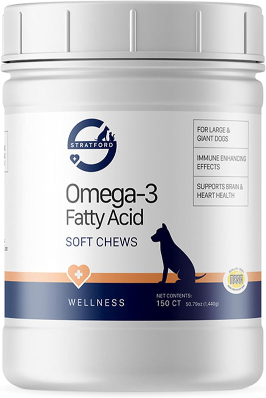 Stratford Pharmaceuticals EZ Chew Omega 3 Fatty Acid Soft Chew Max Strength - Dog Omega 3 Supplement - Soft Chew Treats with Fish Oil for Dogs - Large and Giant Dogs - 150 Soft Chews