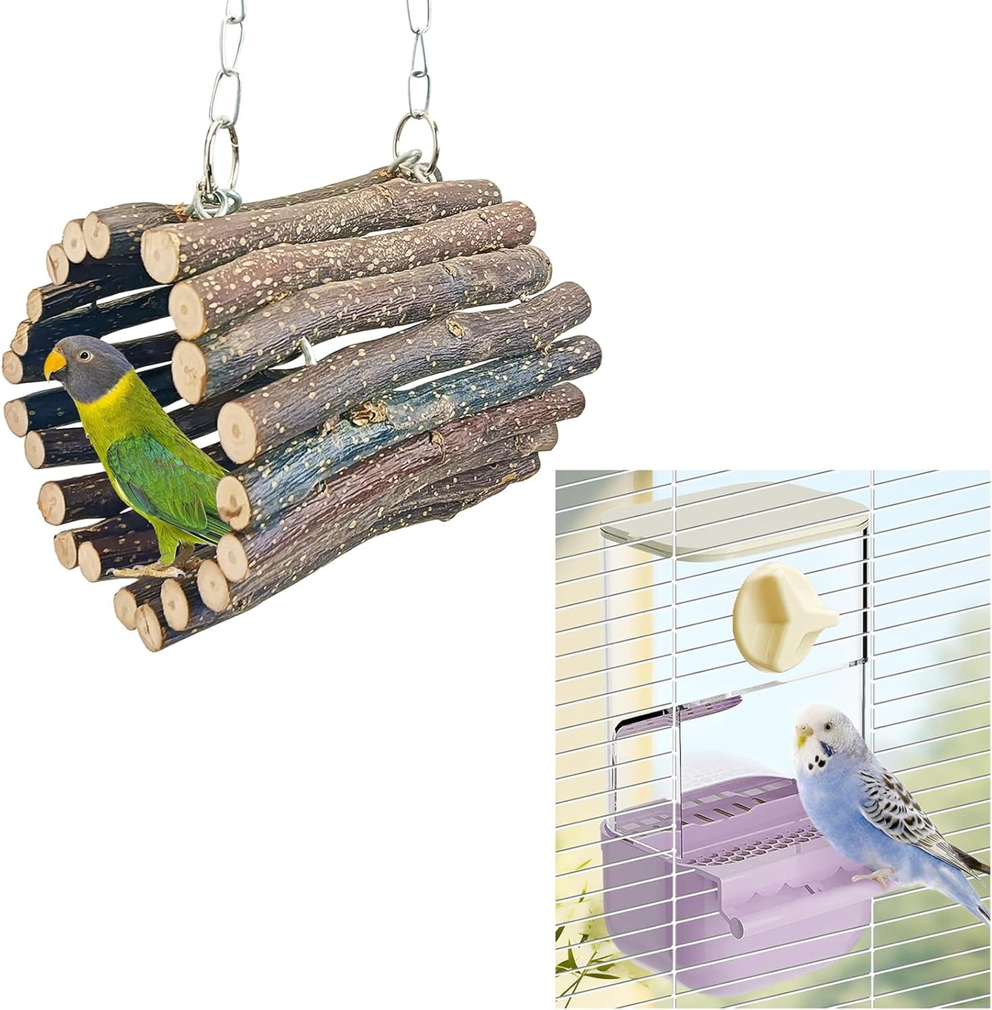 BNOSDM Wooden Bird Tunnel Parrot Swing Toys Natural Hanging Nest and BNOSDM No Mess Bird Cage Feeders Automatic Feeder for Fincheses, Parakeets, Budgies, Lovebirds, Cockatoos, Canaries (Purple)