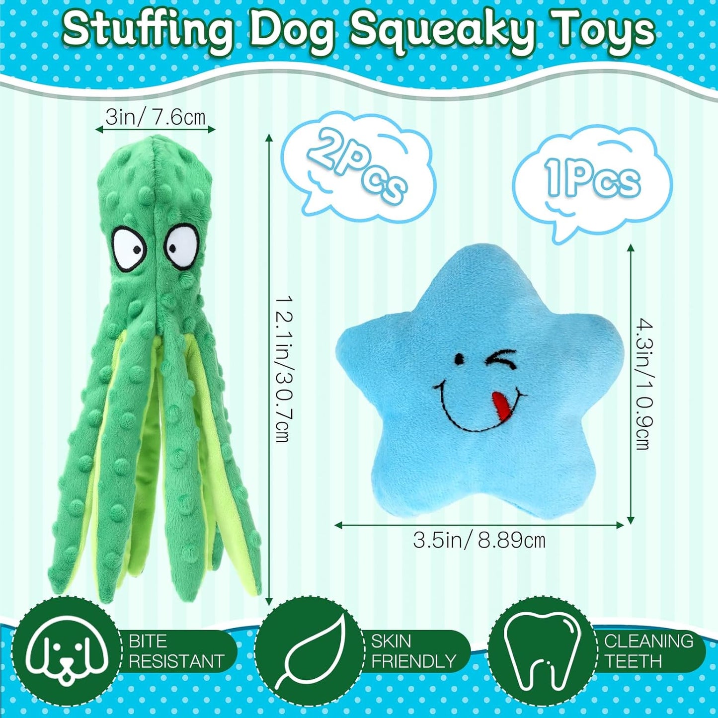 3 Pack Squeaky Dog Toys Octopus No Stuffing Crinkle Plush Dog Toy Interactive Puppy Teething Chewing Pet Supplies for Chewer, Small, Medium (Blue, Green)