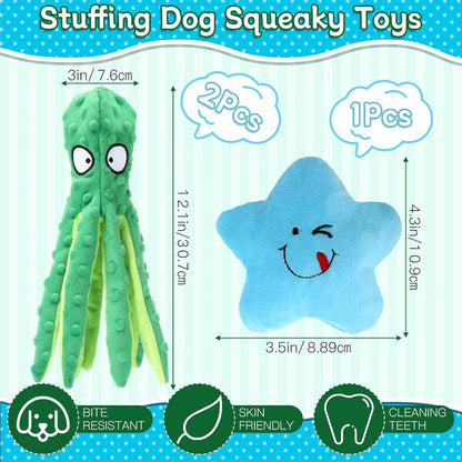 3 Pack Squeaky Dog Toys Octopus No Stuffing Crinkle Plush Dog Toy Interactive Puppy Teething Chewing Pet Supplies for Chewer, Small, Medium (Blue, Green)