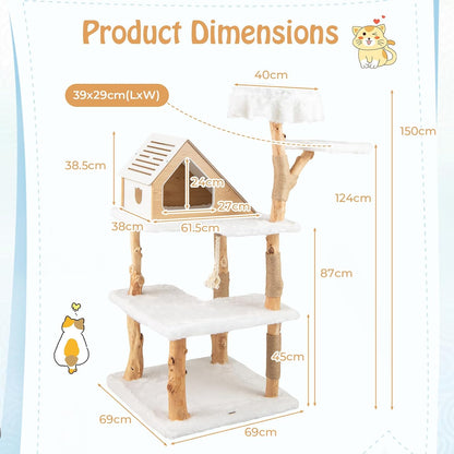 PETSITE 60 inch Solid Wood Cat Tree Tower, Multi-Level Wooden Cat Tower with Jute Scratching Posts, Cat Condo, Sisal Rope, Soft Long Plush, Modern Tall Cat Tree for Indoor Cats Large Adult