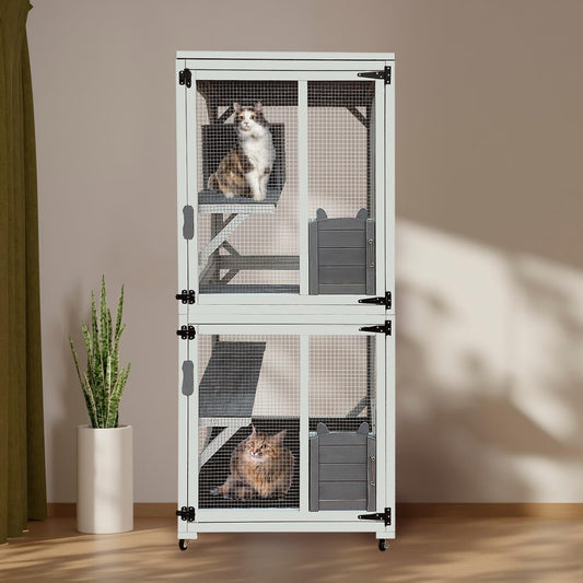 30.7" Wooden Catio Outdoor Cat Enclosure, Cat House on Wheels with 4 Platforms,Napping House & Weatherproof Asphalt Roof, Kitty Cage Shelter with Sliding Doors,Gray