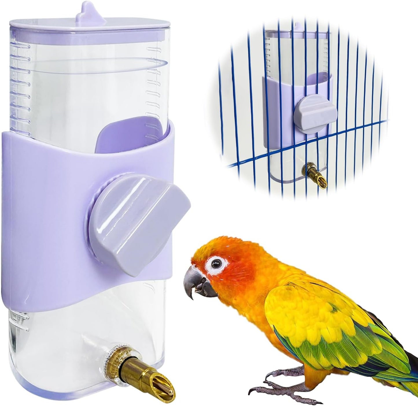 PINVNBY Bird Water Dispenser 9.47 Fl Oz Automatic Parrot Water Feeder Suspended Water Dispenser Bird Cage Accessories for Parakeet Budgie Lovebird Cockatiel Finch (Purple)
