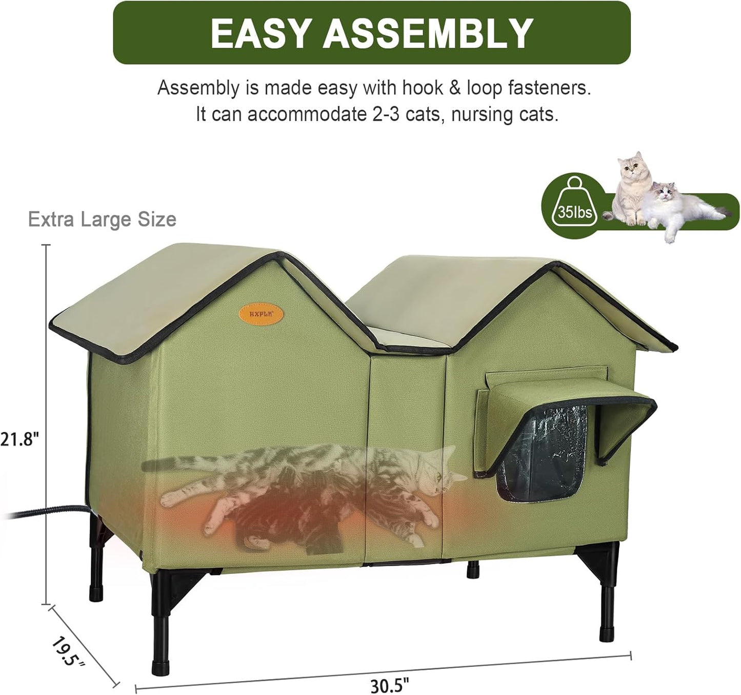 Heated Outdoor Cat House Weatherproof for Winter - Extra Large Heated Cat House for Outside, Elevated Bed, Escape Door, Fully Insulated Feral Cat Shelter for Multiple Cats Small Dogs, Easy Assembly