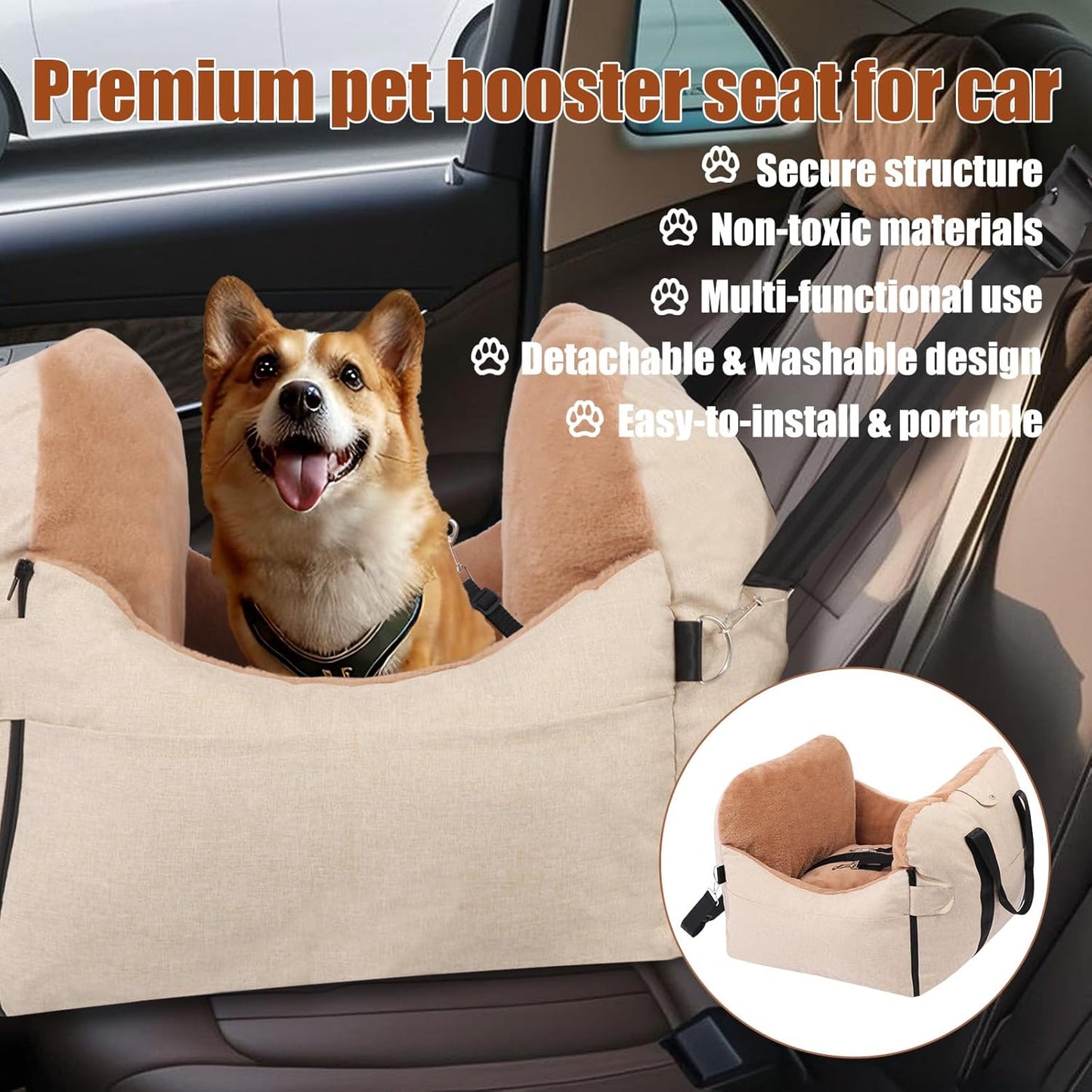 2 in 1 Secure Dog Cat Booster Seat Belt for Car Medium Small Dogs Pelsbarn Bed Safety Beds Cats Carriers Pet Carrier Washable Cover for Back Carseat Puppy Travel Bag Seats Accessories