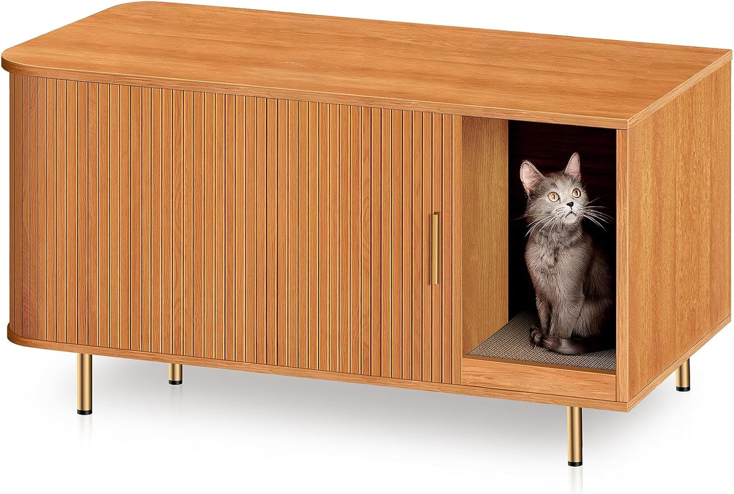 Litter Box Enclosure with Cat Scratch Pad, Sliding Door, 38.5" Litter Box Enclosure Furniture Hidden Litter Box, Modern Indoor Cat House, TV Stand, Side End Table for Living Room, Walnut