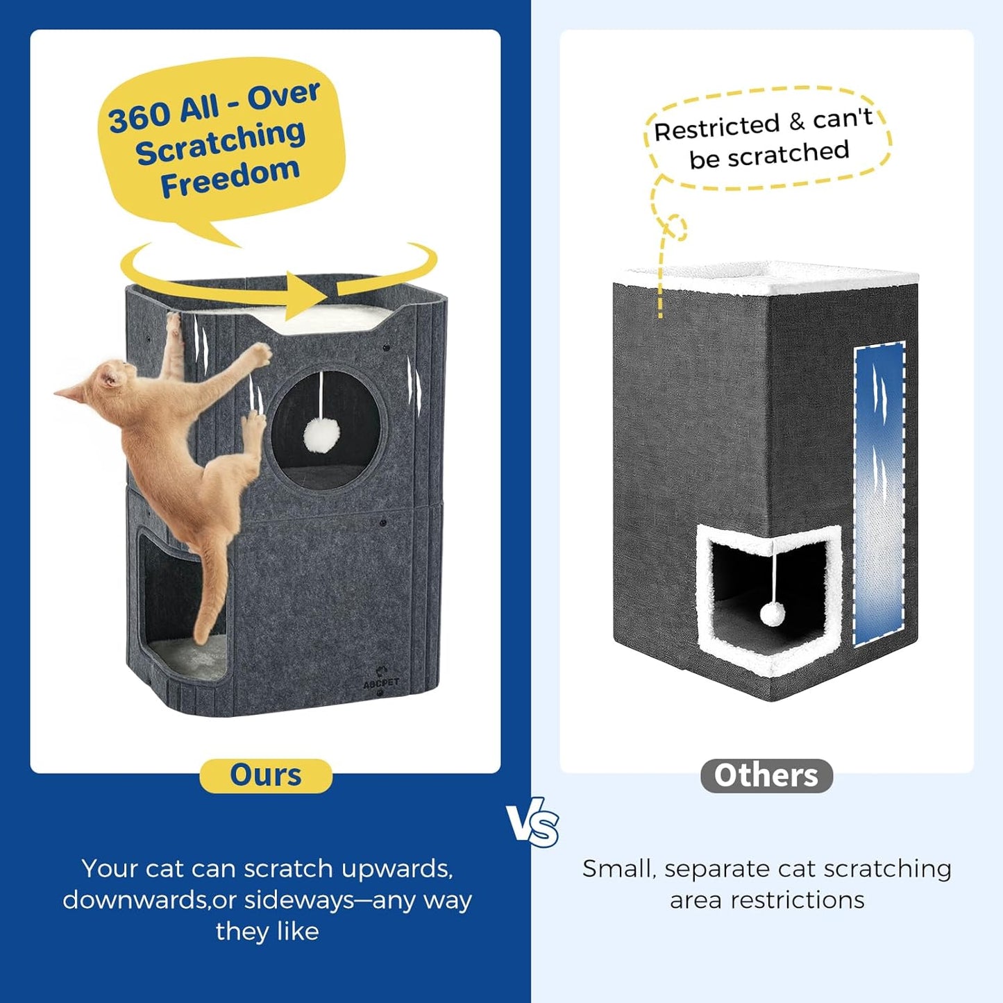 Cat House for Indoor Cats, 2-Storey Cat Bed Cave, Felt Cat Hideaway Condo with Resistant Scratching Freedom Kitten Cube for Multicats Dark Grey