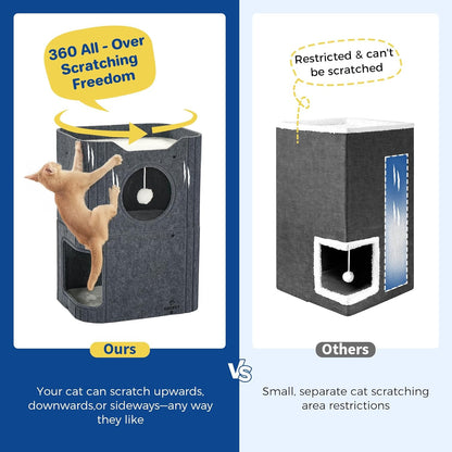 Cat House for Indoor Cats, 2-Storey Cat Bed Cave, Felt Cat Hideaway Condo with Resistant Scratching Freedom Kitten Cube for Multicats Dark Grey