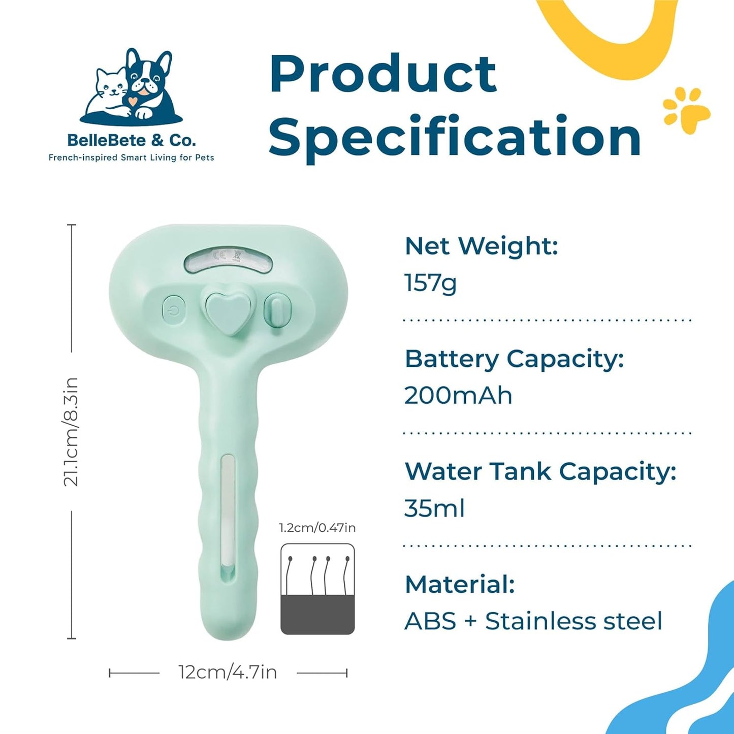 BelleBête & Co. Pet Steam Brush for Dog and Cat, Pet Hair Removal Grooming and Shedding Tool with One-Click Easy Self-Cleaning, USB Charging, No-Rinse Conditioning, Combs for Animals | Purple