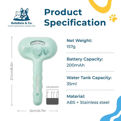 BelleBête & Co. Pet Steam Brush for Dog and Cat, Pet Hair Removal Grooming and Shedding Tool with One-Click Easy Self-Cleaning, USB Charging, No-Rinse Conditioning, Combs for Animals | Purple