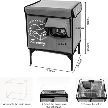 Cat House Outdoor, Indestructible Elevated Feral Cat Shelter Weatherproof with Escape Door,Outside Waterproof Insulated Strayed Cat House for Winter(Gray)