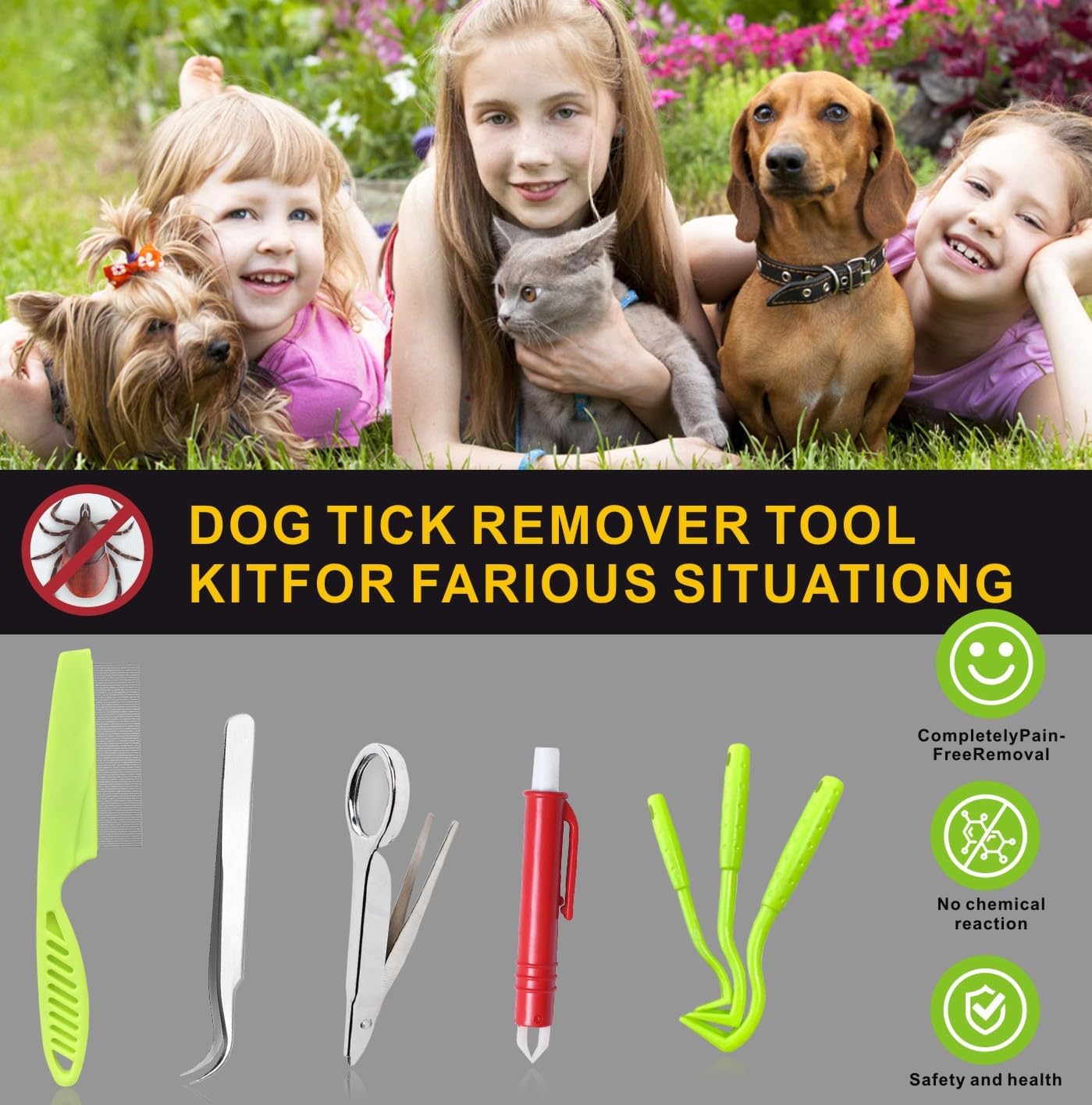 Tick Removal Tool for Dogs, Tick Tweezers Remover Tool Kit Quick Safe Tick Hook Flea Tick Tweezers Flea Comb Magnifying Glass for Dogs Cats