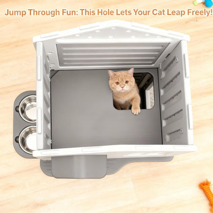 Weatherproof Outdoor Cat House Insulated for Feral Multi Cat, 2 Storey Plastic Elevated Cat Shelter with Escape Door, Scratching Post, Stainless Steel Bowl, Grey 35" D x 15" W x 20" H