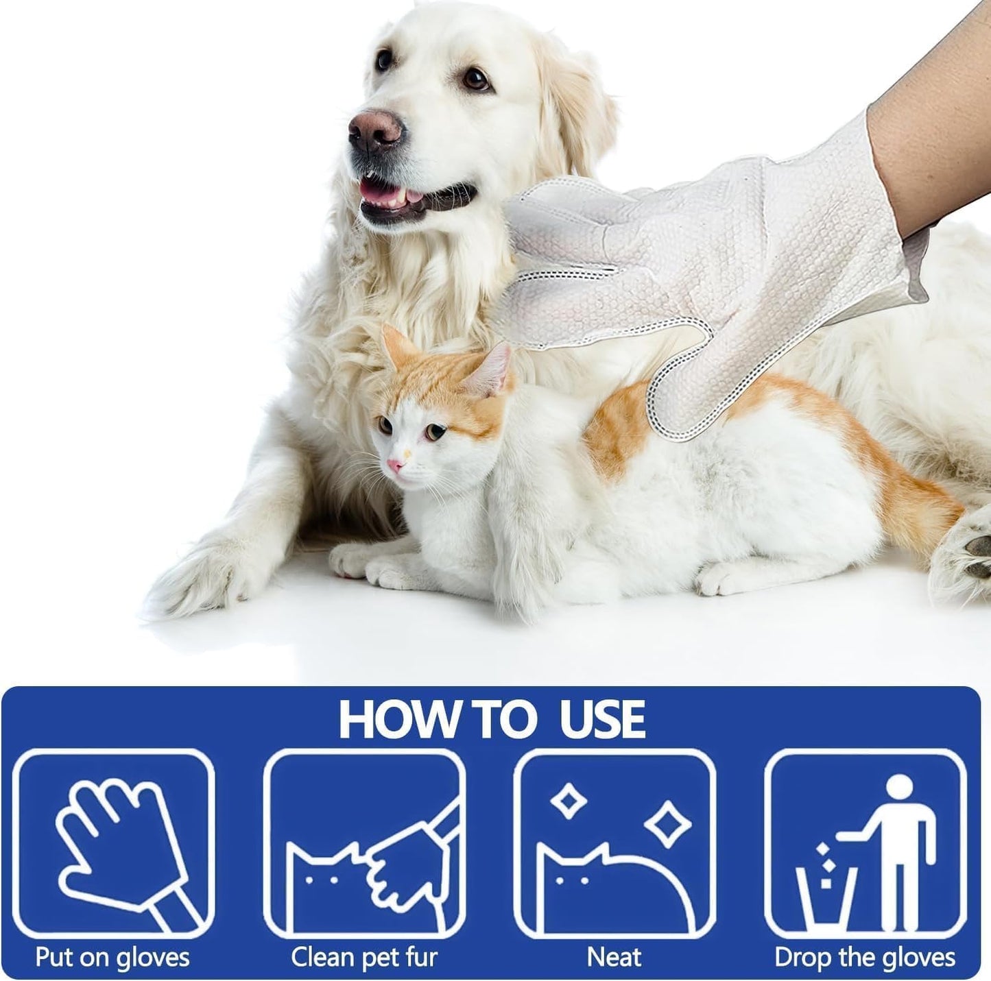 HONGYEE【4 Packs/24 Sheets Pet Thick Glove Wipes, Disposable Pet Cleaning Wipes, Odorless and Fragrance-Free, Suitable for Daily Care, Cleaning, and Grooming of Dogs and Cats