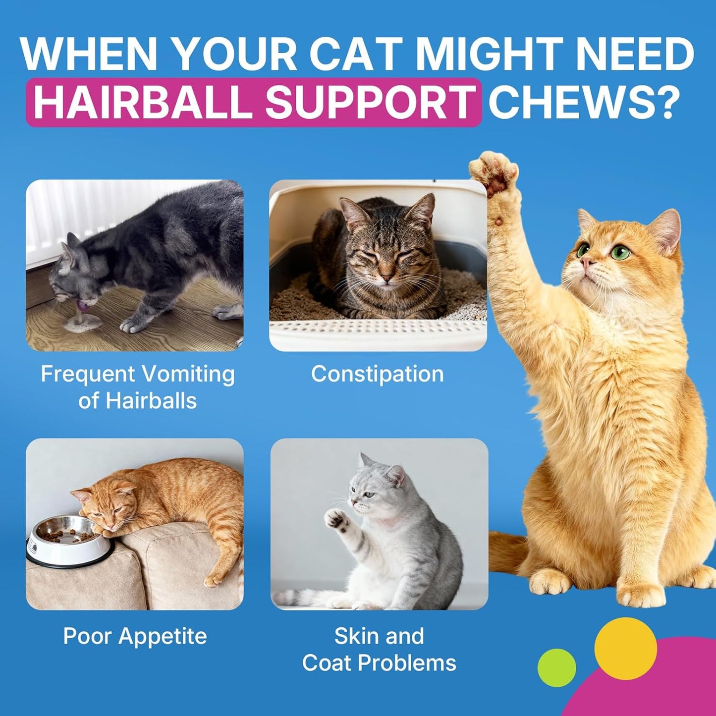 Cat Hairball Support Chews 500 Chews, Cat Hairball Remedy Treats Crunchy Shell with Krill Core, Furball Control Relief, Digestion, Supports Skin & Coat, Chicken Flavor, for All Breeds & Ages Cats