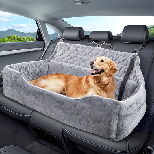 Large Dog Car Seat for 2 Medium Dogs Under 100 lbs, Washable Dog Bed, Detachable Pet Booster with Storage Pockets and Leashes for Back Seat, Fully Detachable and Washable with Thick Cushion