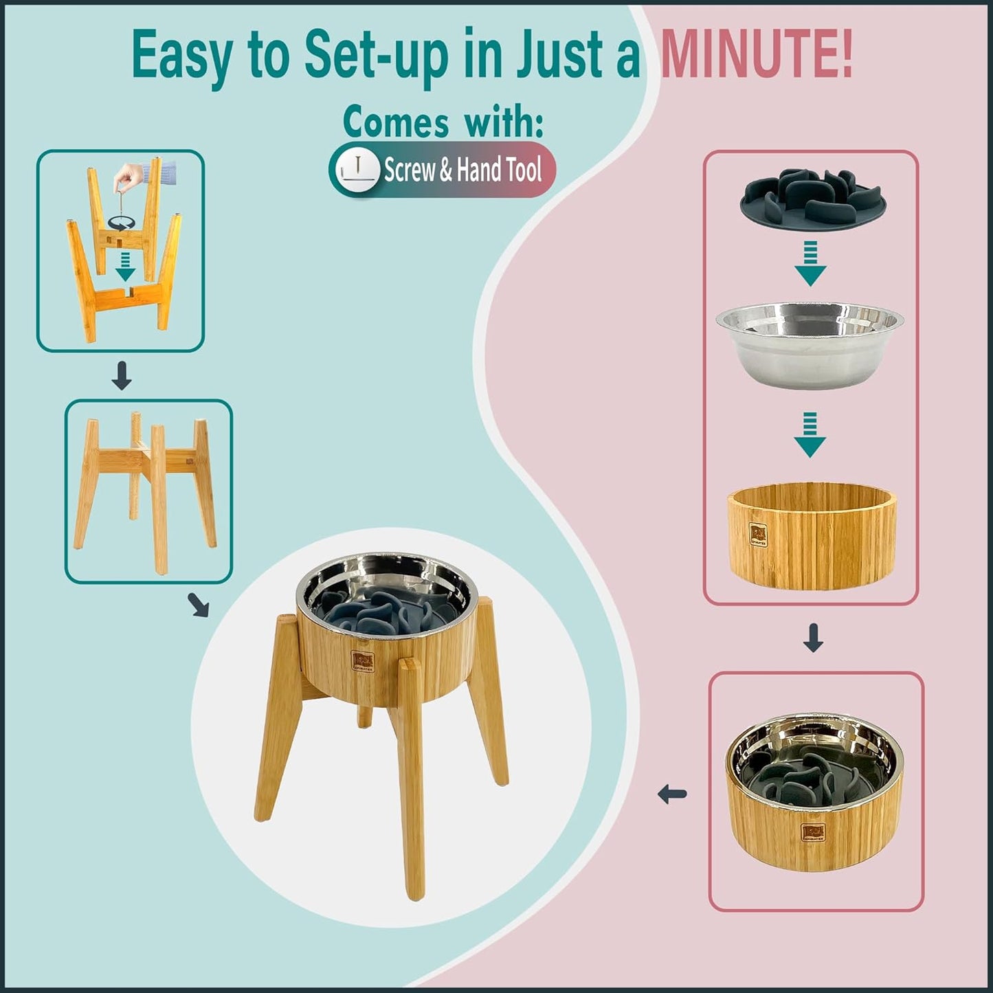 Dog Bowl Slow Feeder - 12-inch Tall, Elevated, Raised Single Food Station with Stand and Slow Feeder Insert, Suitable for Treats, Wet/Dry Pet Foods