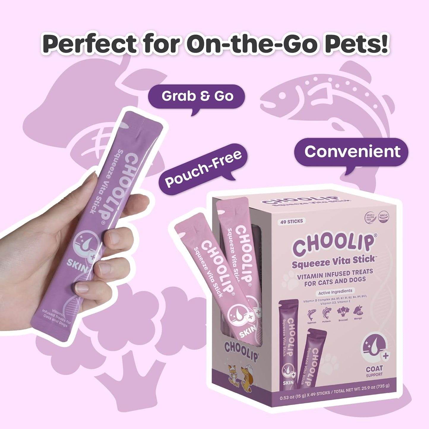 Choolip Bundle | Berry Good Milk 10pk Vitamin-Infused + 49pc Coat Support Squeeze Vita Sticks with Essential multivitamins [Both Products are for Cats & Dogs of All Life Stages]